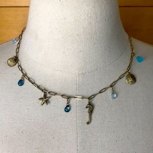 Vintage gold blue topaz coastal beach hawaiian paperclip chain necklace choker